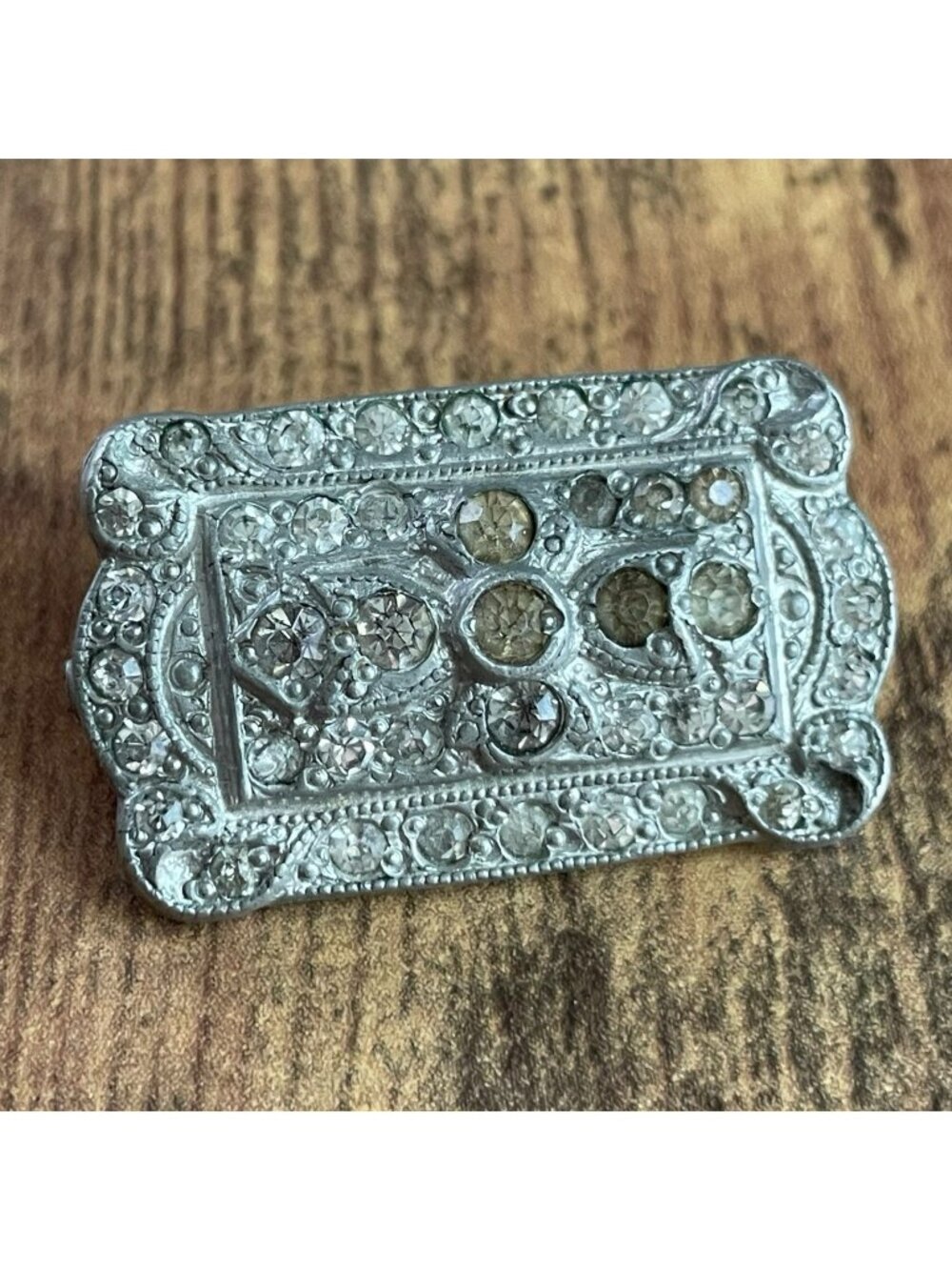 Vintage Art Deco Pot Metal Brooch Clear Paste Stones Pin Silver Tone Geometric